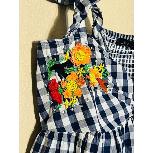 Zara Woman Navy Gingham Embroidered Parrot Babydoll Tank Large - Picture 5 of 9